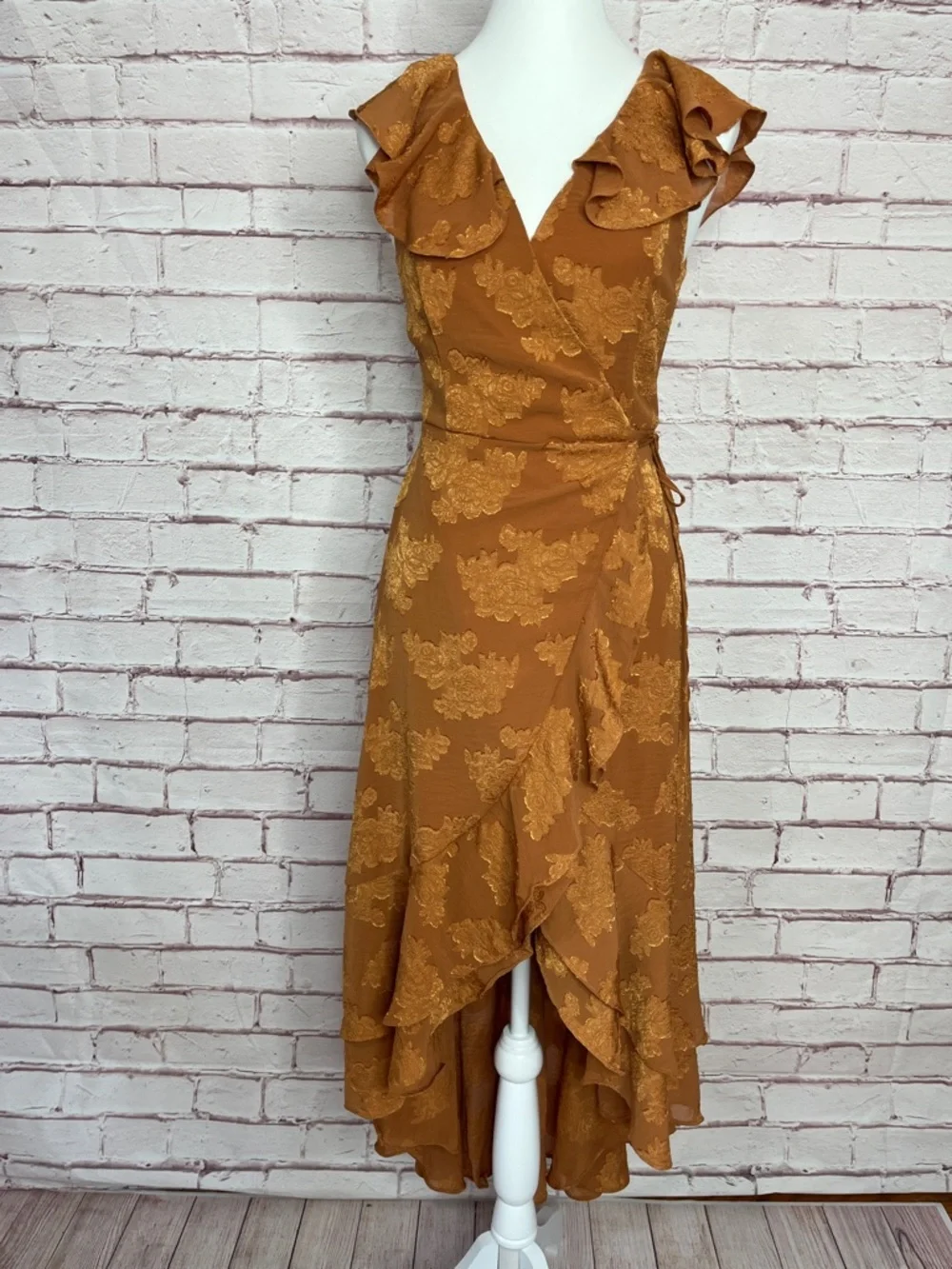 Lulus Adorable Aura Burnt Orange Floral Burnout High Low Wrap Dress Like New